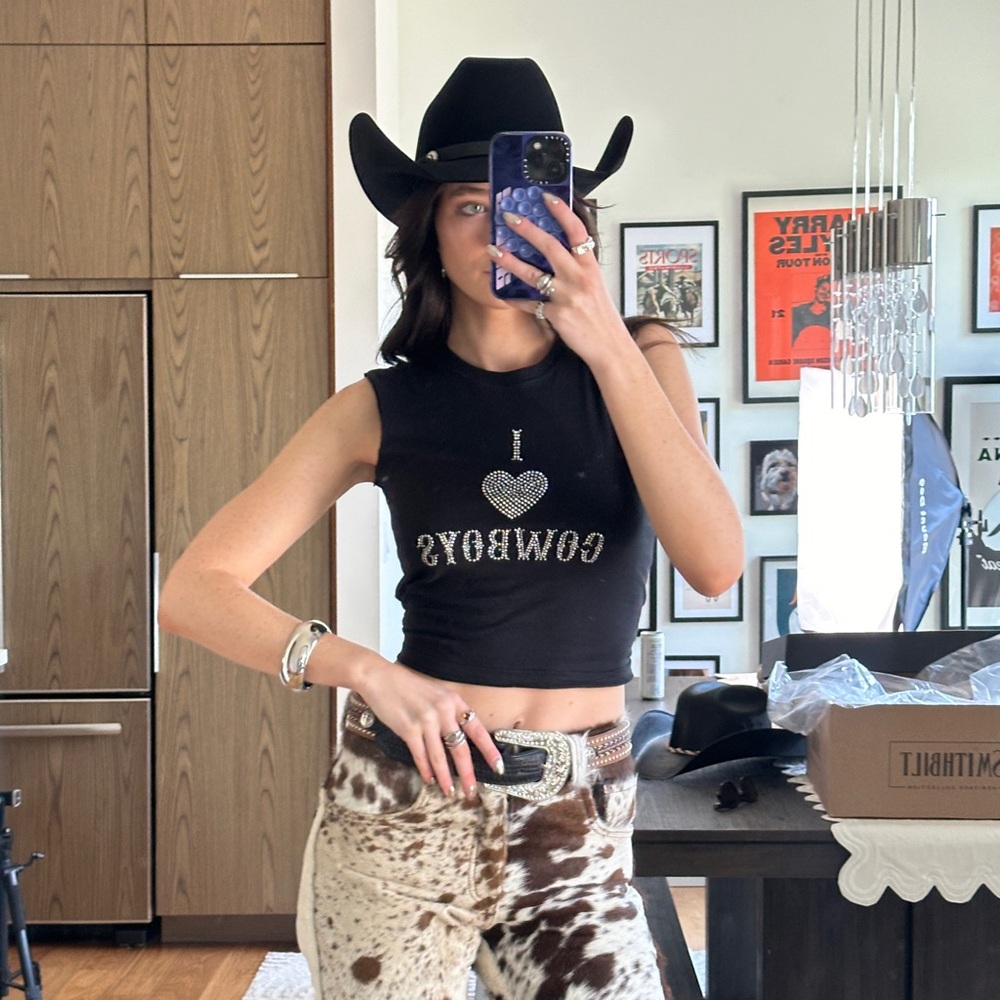Black 'I Love Cowboys' Sleeveless Top cut off